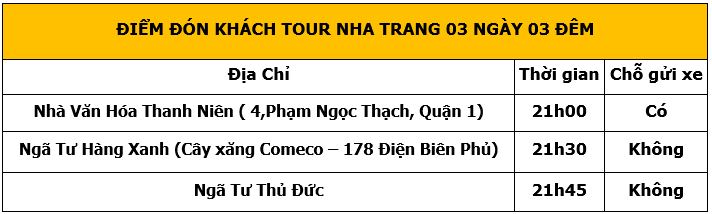 Địa điểm đón khách đi Tour Nha Trang 3 Ngày 3 Đêm Vịnh San Hô