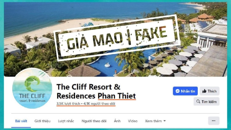 Trang Facebook giả mạo khu The Cliff Resort & Residences được đơn vị này phát hiện, thừa chữ "Phan Thiet" so với trang chính thức.