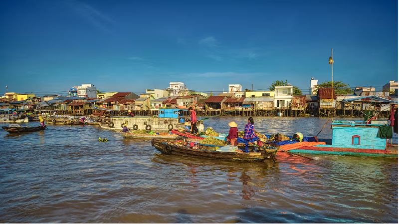 Những người bán hàng ở chợ nổi Cái Răng bán sản phẩm tươi sống trực tiếp từ thuyền của họ